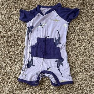 Kyte Baby Bamboo Taro Purple Shark Shortall One Piece Baby Size 6-12 Months